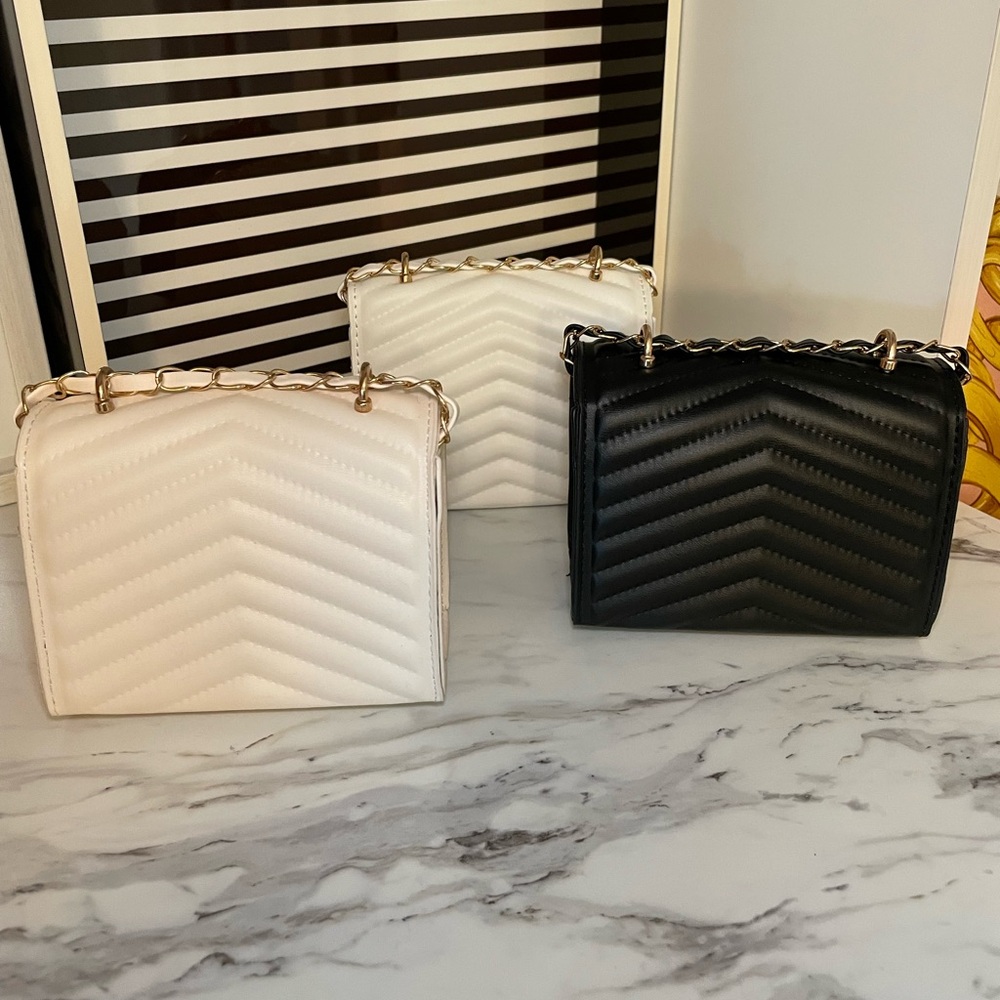 Quilted Chevron Chain Shoulder Bag - Black & White - Picture 2 of 14